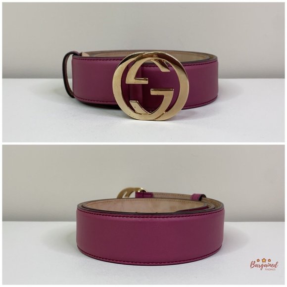 Authentic Gucci Pink Calfskin Leather Gold Interlocking G Buckle Belt 85/34 main image 8